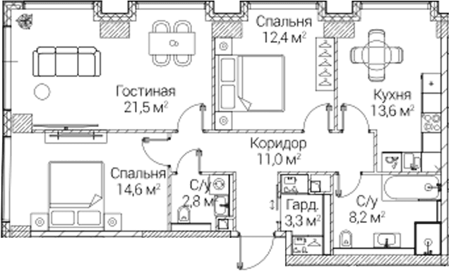Планировка: 3-комнатная квартира 87,4 м² в ЖК «СЕЗАР БУДУЩЕЕ»