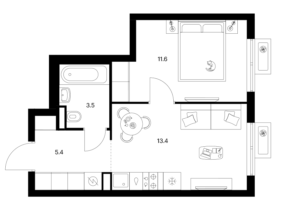 Планировка: 1-комнатная квартира 33,9 м² в ЖК «Ярославский»