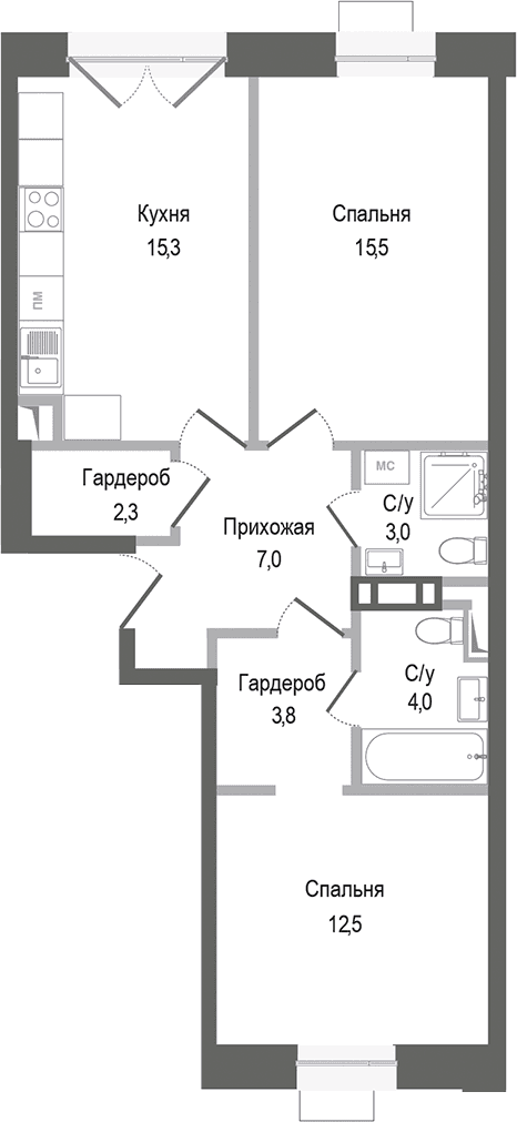 Планировка: 2-комнатная квартира 63,4 м² в ЖК «Киноквартал»