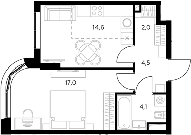 Планировка: 1-комнатная квартира 42,4 м² в ЖК «Адмирал»