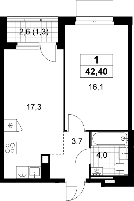 Планировка: Евродвушка 41,1 м² в ЖК «Деснаречье»