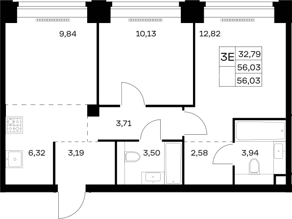 Планировка: Евротрёшка 56 м² в ЖК «НОВА»