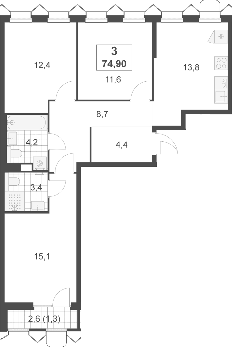 Планировка: 3-комнатная квартира 73,6 м² в ЖК «Деснаречье»