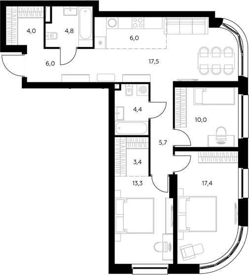 Планировка: Квартира евро-4 92,3 м² в ЖК «Адмирал»