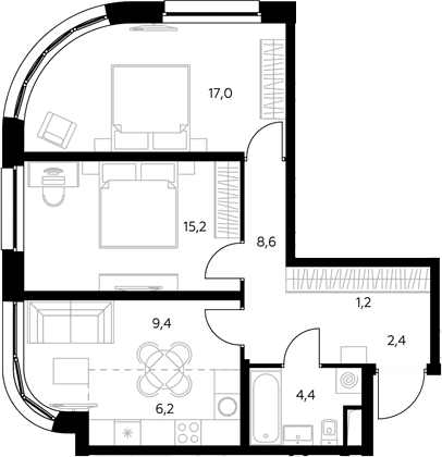 Планировка: Евротрёшка 64,3 м² в ЖК «Адмирал»