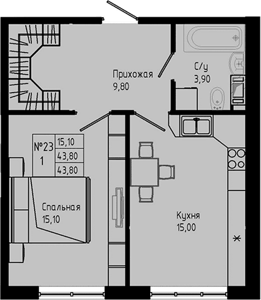 Планировка: 1-комнатная квартира 43,8 м² в ЖК «PIXEL»