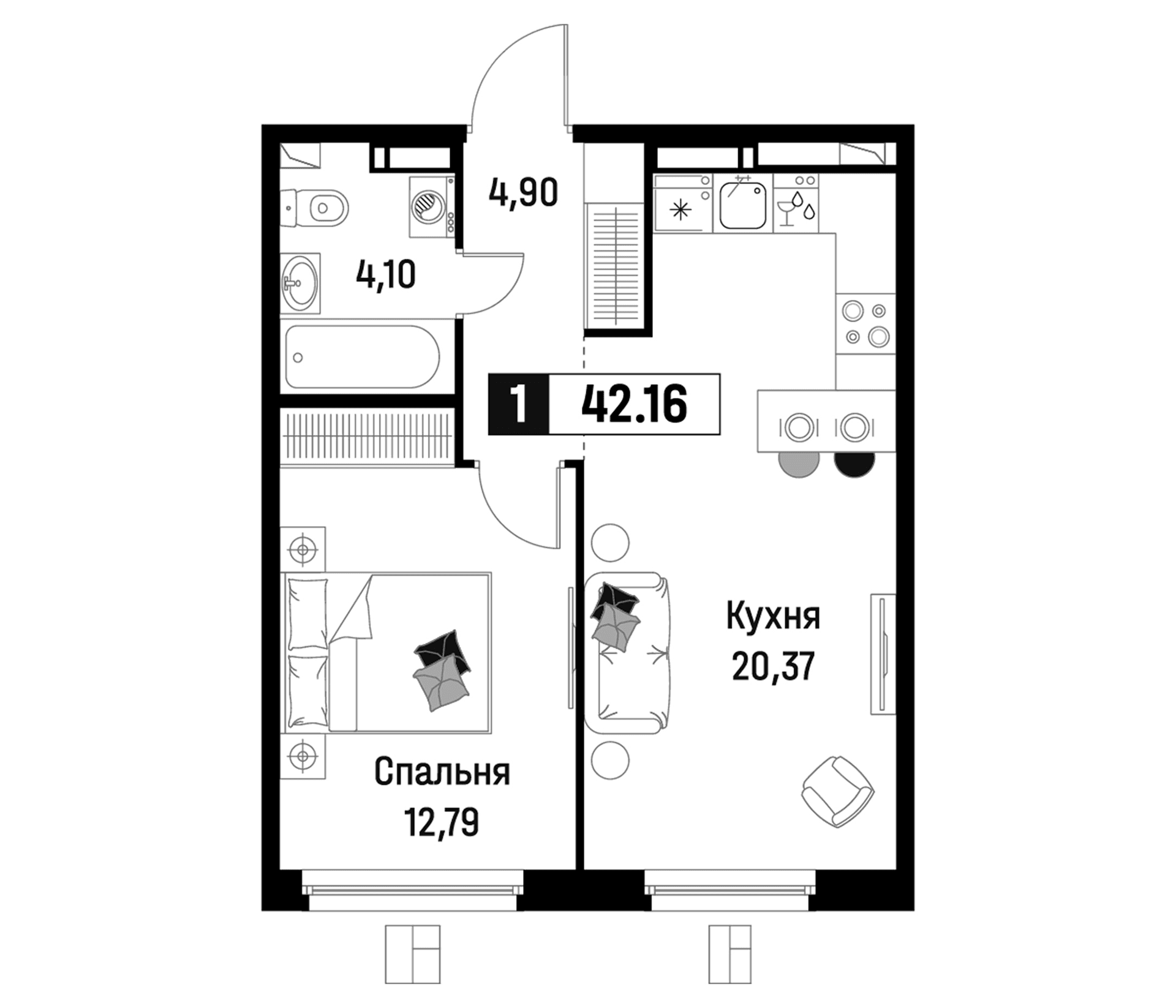 Планировка: Евродвушка 42,2 м² в ЖК «Максималист»