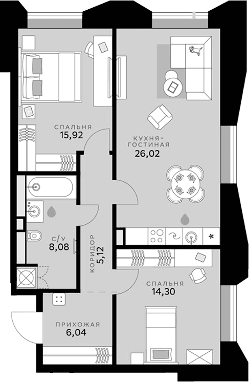 Планировка: Евротрёшка 75,5 м² в ЖК «СберСити»
