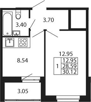 Планировка: 1-комнатная квартира 28,6 м² в ЖК «Полис Новоселье»