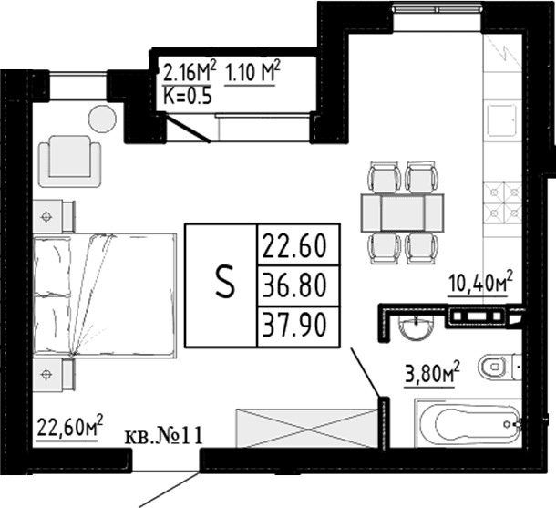Планировка: Студия 36,8 м² в ЖК «Перспектива»