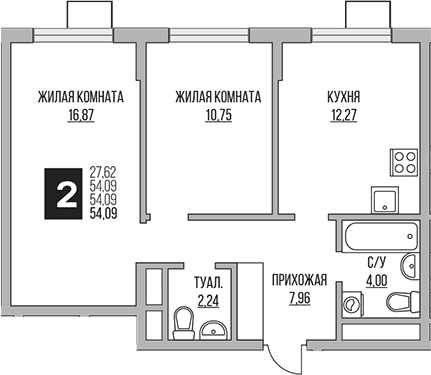 Планировка: 2-комнатная квартира 54,1 м² в ЖК «Гранель Мытищи»