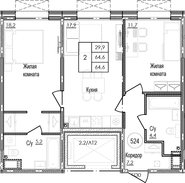 Планировка: Евротрёшка 64,6 м² в ЖК «Парусная 1»