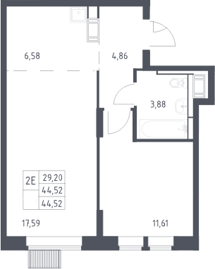 Планировка: Евродвушка 44,5 м² в ЖК «Большое Путилково»