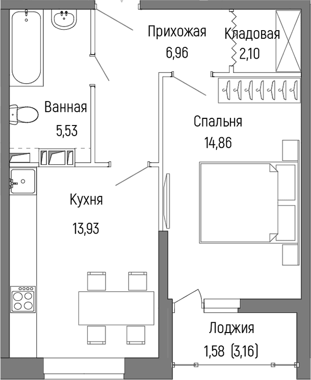 Планировка: 1-комнатная квартира 43,4 м² в ЖК «Рига Хиллс»