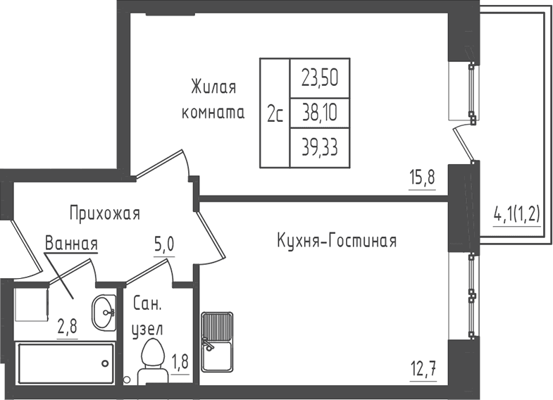 Планировка: 1-комнатная квартира 38,1 м² в ЖК «Зеленый город»