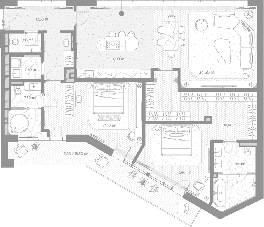 Планировка: 2-комнатная квартира 152,2 м² в ЖК «Николь»