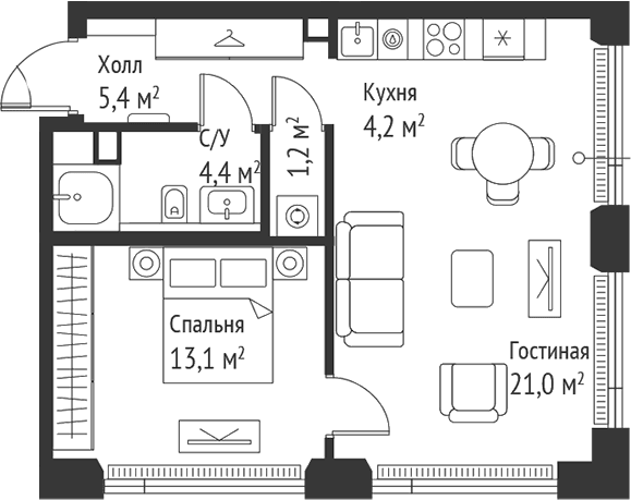 Планировка: Евродвушка 49,3 м² в ЖК «СЕТ»