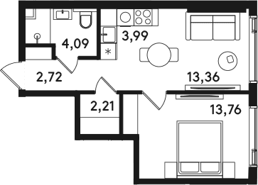 Планировка: Евродвушка 40,1 м² в ЖК «СОЛОС»