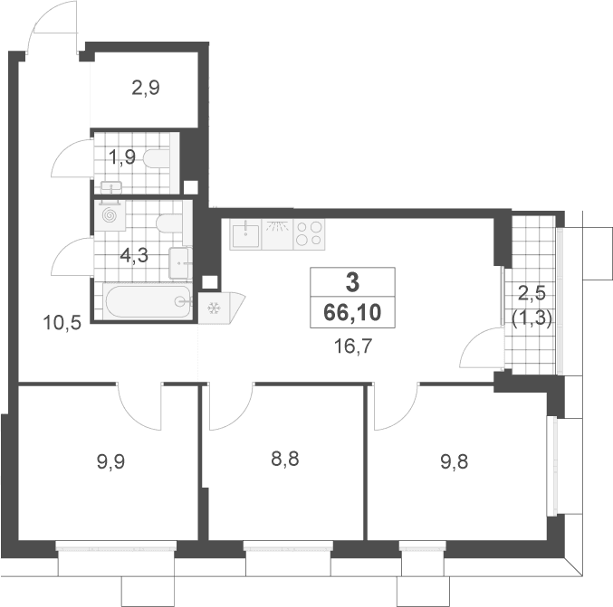 Планировка: Квартира евро-4 64,8 м² в ЖК «Скандинавия»