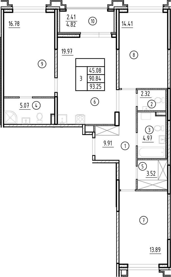 Планировка: Квартира евро-4 90,8 м² в ЖК «Ассамблея»