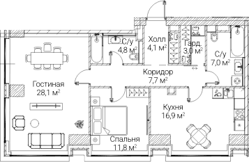 Планировка: 2-комнатная квартира 83,4 м² в ЖК «СЕЗАР БУДУЩЕЕ»