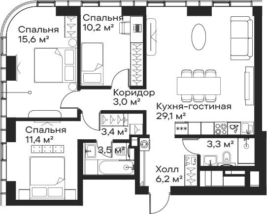 Планировка: Квартира евро-4 85,7 м² в ЖК «Сити Бэй»