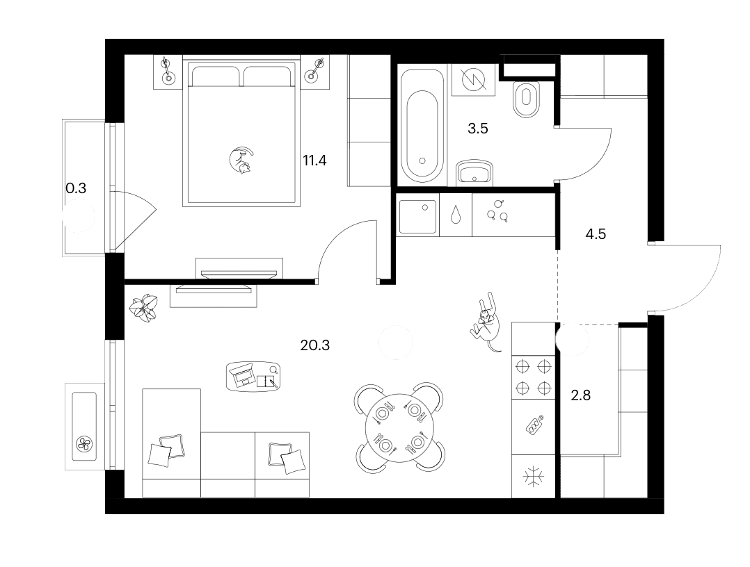 Планировка: 1-комнатная квартира 42,5 м² в ЖК «Ярославский»