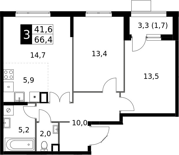 Планировка: Евротрёшка 64,7 м² в ЖК «1-й Измайловский»