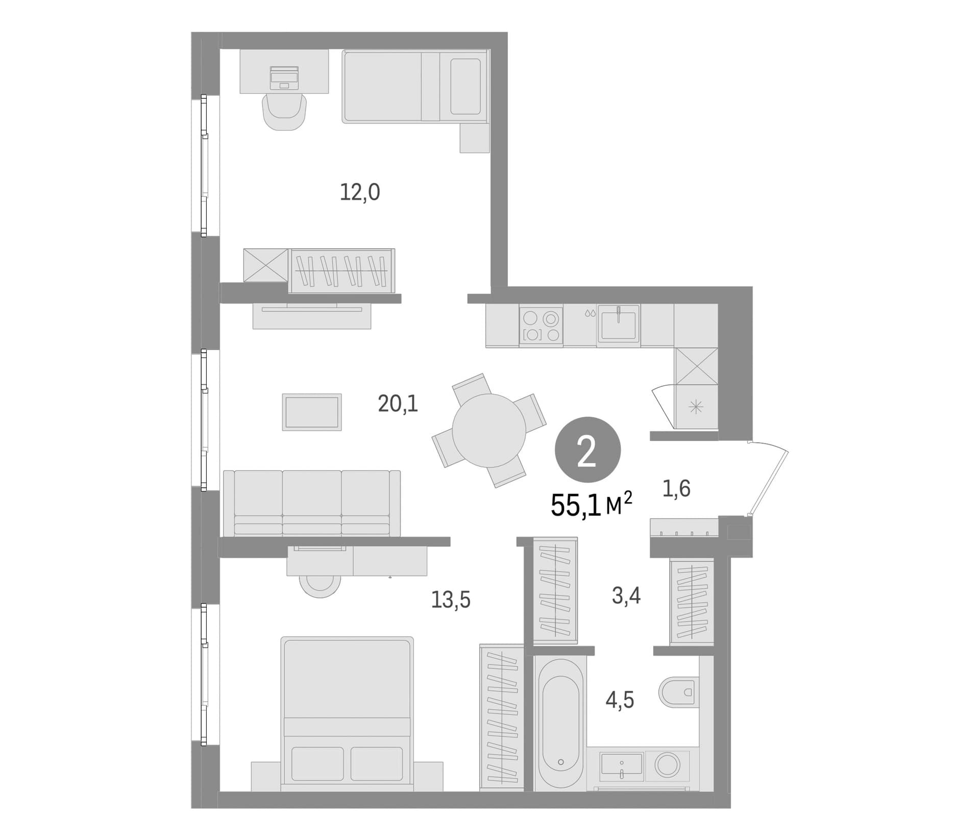 Планировка: Евротрёшка 55,1 м² в ЖК «Брусника в Новоселье»