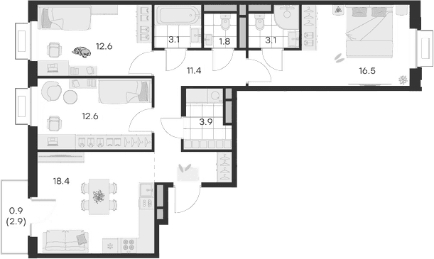 Планировка: 3-комнатная квартира 83,4 м² в ЖК «Михалевич»