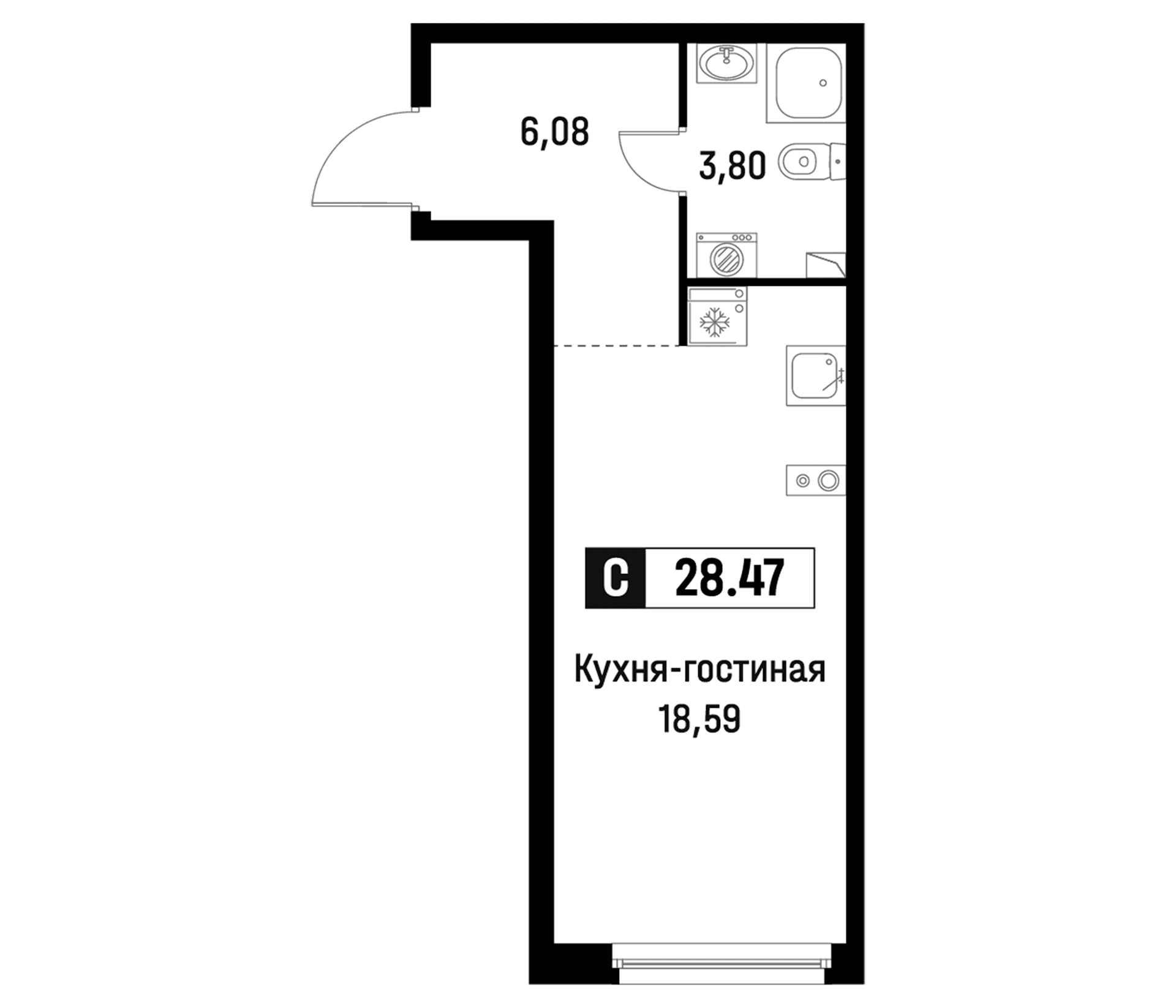 Планировка: Студия 28,5 м² в ЖК «Максималист»