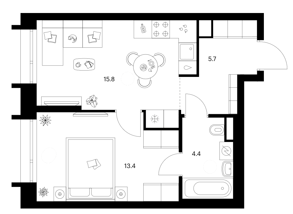 Планировка: 1-комнатная квартира 39,3 м² в ЖК «Зеленый парк»