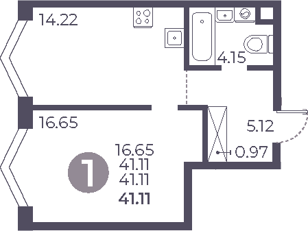 Планировка: 1-комнатная квартира 41,1 м² в ЖК «Мневники от Гранель»