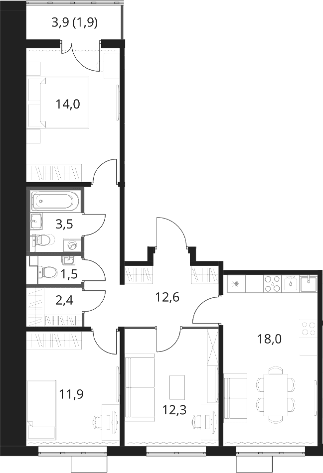 Планировка: Квартира евро-4 76,2 м² в ЖК «1-й Шереметьевский»