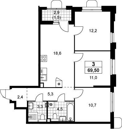 Планировка: Квартира евро-4 68 м² в ЖК «Прокшино»