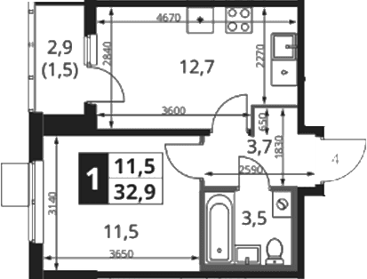 Планировка: 1-комнатная квартира 31,4 м² в ЖК «1-й Ясеневский»