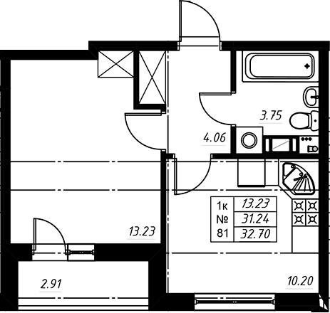 Планировка: 1-комнатная квартира 31,4 м² в ЖК «Огоньки»
