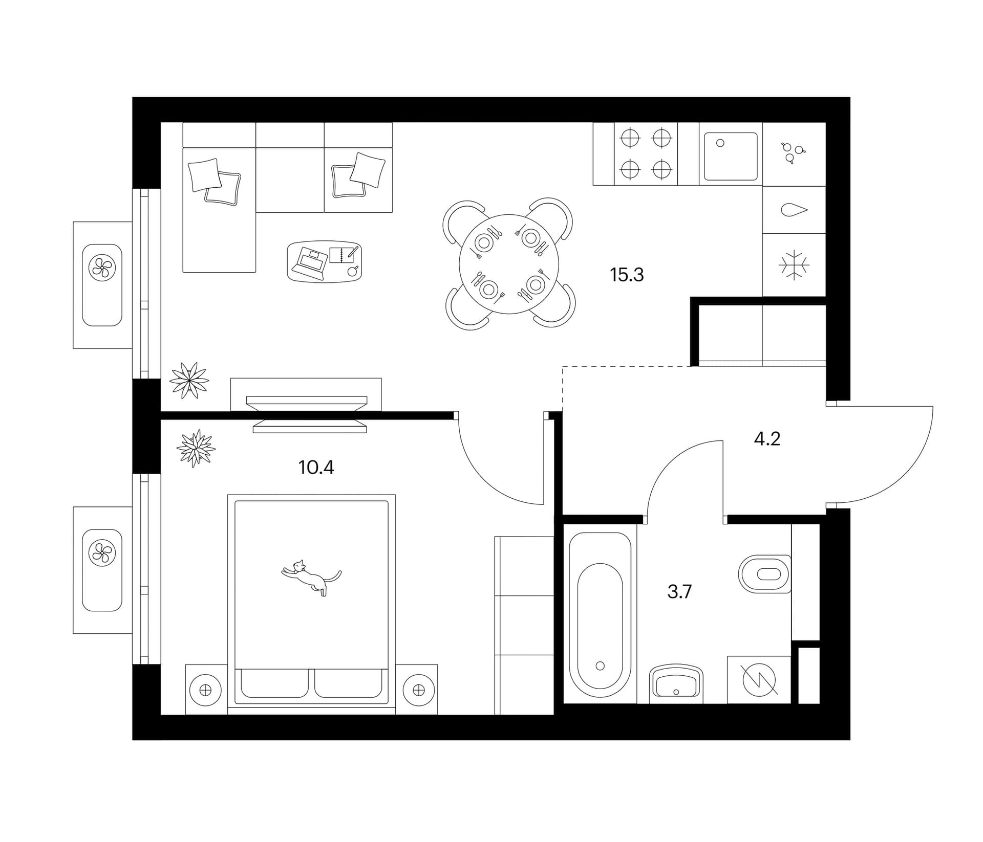 Планировка: 1-комнатная квартира 33,6 м² в ЖК «Белая Дача парк»