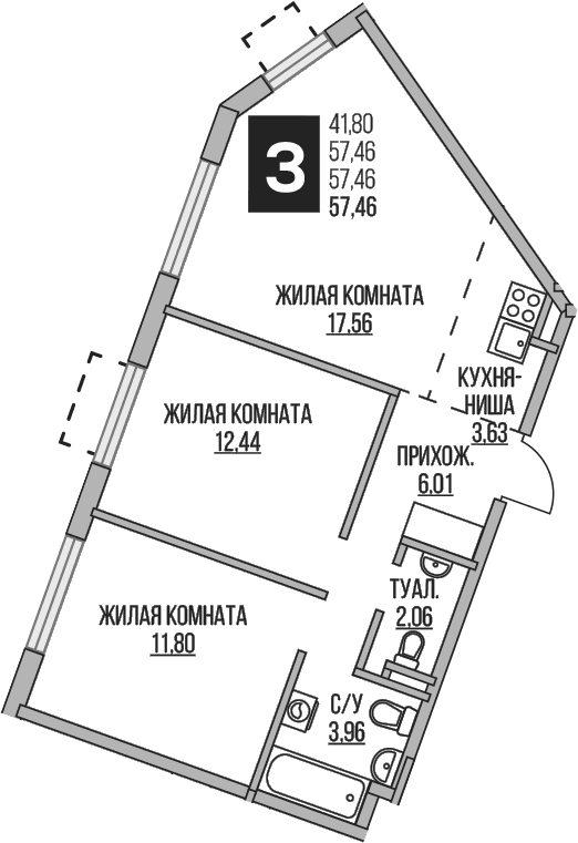 Планировка: Евротрёшка 57,5 м² в ЖК «Гранель Аникеевский»