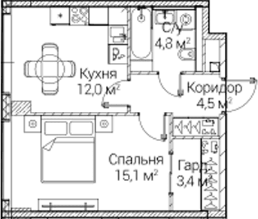 Планировка: 1-комнатная квартира 39,4 м² в ЖК «СЕЗАР БУДУЩЕЕ»