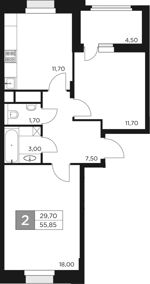 Планировка: 2-комнатная квартира 53,6 м² в ЖК «Восток 2»
