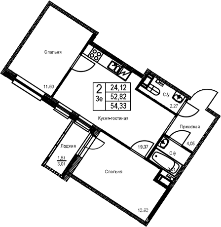 Планировка: Евротрёшка 52,8 м² в ЖК «ID Kudrovo II»
