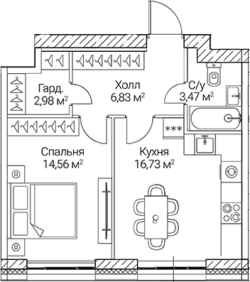 Планировка: 1-комнатная квартира 44,6 м² в ЖК «СЕЗАР СИТИ»