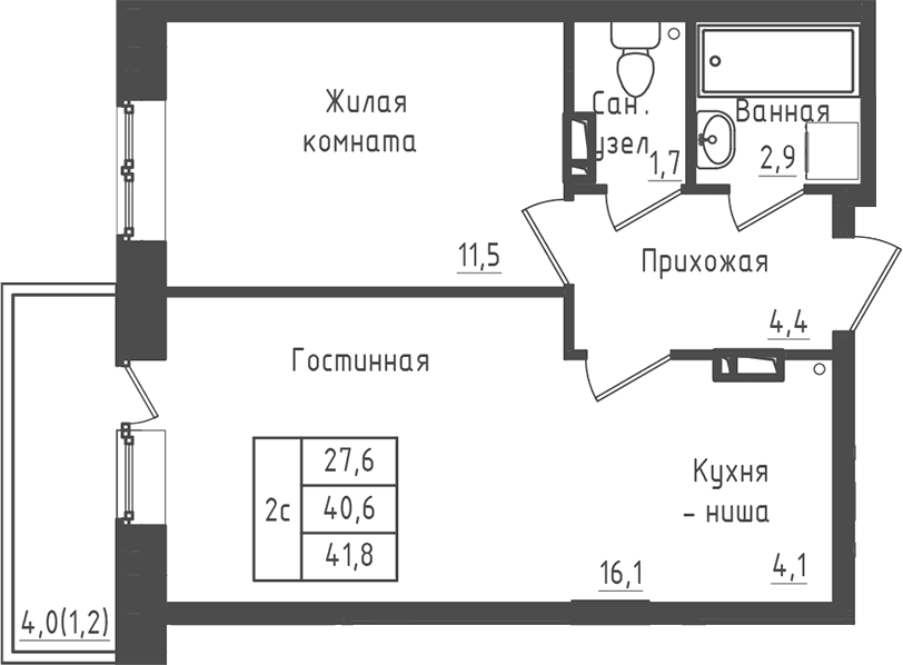 Планировка: 1-комнатная квартира 40,6 м² в ЖК «Зеленый город»