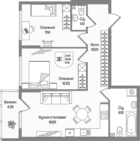 Планировка: Евротрёшка 59,9 м² в ЖК «Охтинские высоты»