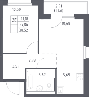 Планировка: Евродвушка 37,1 м² в ЖК «Прибрежный Парк»