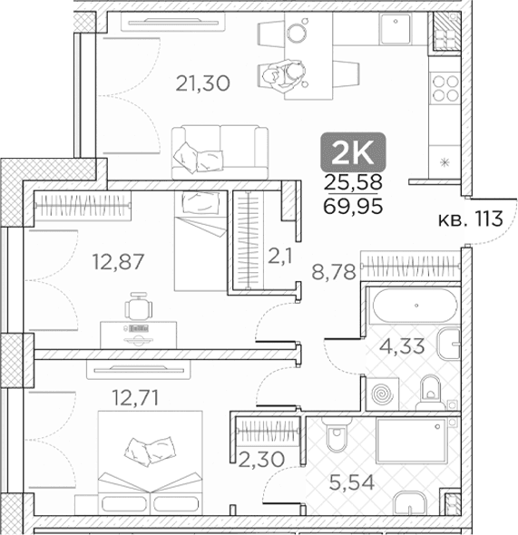 Планировка: Евротрёшка 70 м² в ЖК «Гильдия»