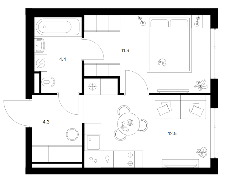 Планировка: 1-комнатная квартира 33,1 м² в ЖК «Зеленый парк»
