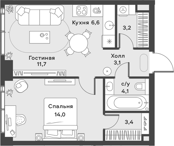 Планировка: Евродвушка 46,1 м² в ЖК «АЛИА»