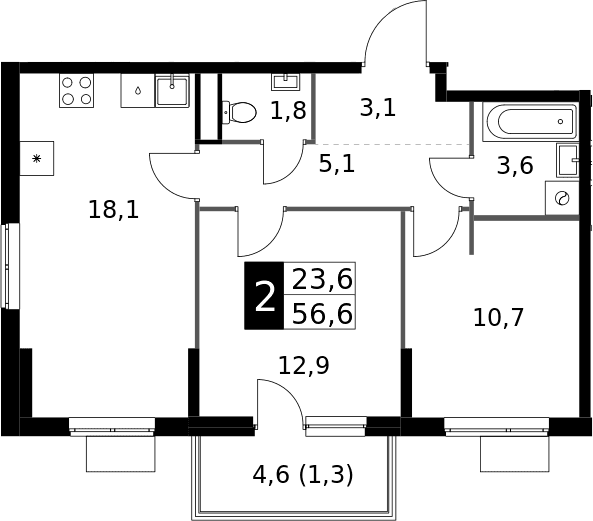 Планировка: 2-комнатная квартира 55,3 м² в ЖК «1-й Измайловский»